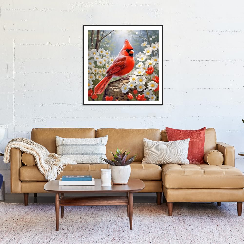 Stalente Diamond Painting Kits for Adults Cardinal, 5D DIY Diamond Art Kits for Beginners Round Full Drill Diamond Painting for Home Wall Decoration Gift 12×12inch, Daisy Flower Bird Stalente