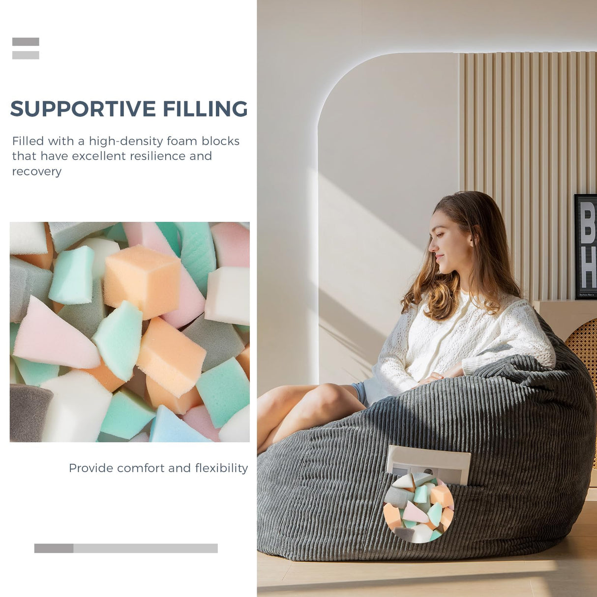 MAXYOYO Bean Bag Chair, Floor Sofa with Handle, Bean Bag Chairs for Adults and Kids, Teens Living Room Bean Bag, Accent Sofa Chair with Pocket for Gaming Reading Relaxing MAXYOYO