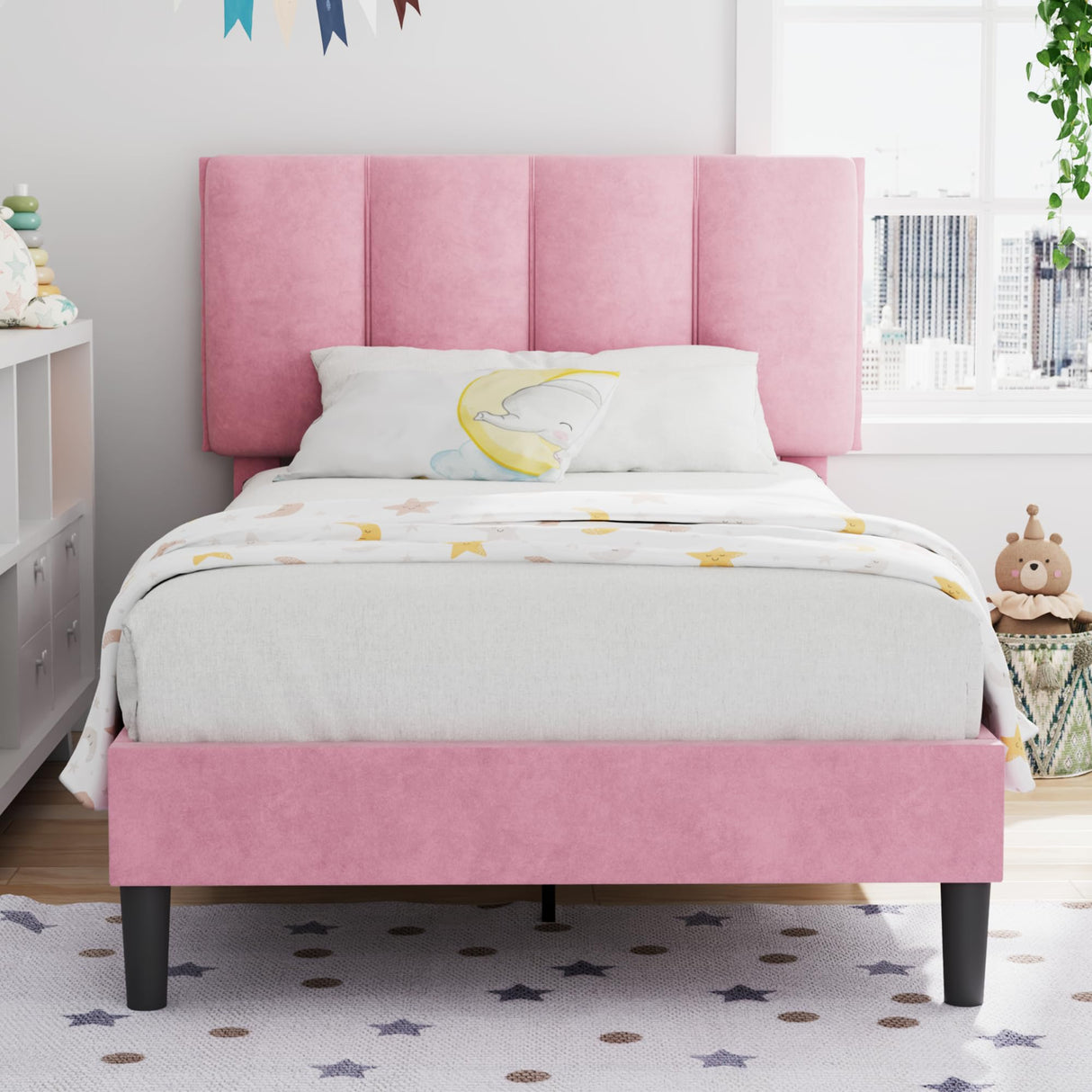 VECELO Twin Bed Frame with Upholstered Headboard, Heavy-Duty Platform Bedframe with Strong Wooden Slats Support, No Boxing Spring Needed, Pink VECELO