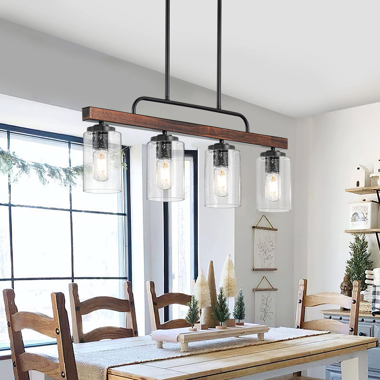 Farmhouse Dining Room Light Fixture, 4-Light Wood Kitchen Island Lighting, Industrial Chandeliers for Dining Room Over Table Black Pendant Light with Seeded Glass Shade for Bar Restaurant HOGBU
