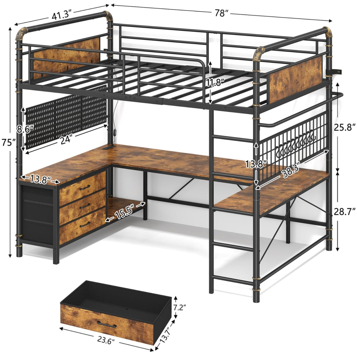 CSZZD Twin Loft Bed with U-Shaped Desk, Metal Loft Bed with LED Lights, Charging Station, Industrial Heavy Duty Bunk Loft Bed Frame with Desk and 3 Storage Drawers, 3 Pegboards, Safety Guard & Ladder CSZZD