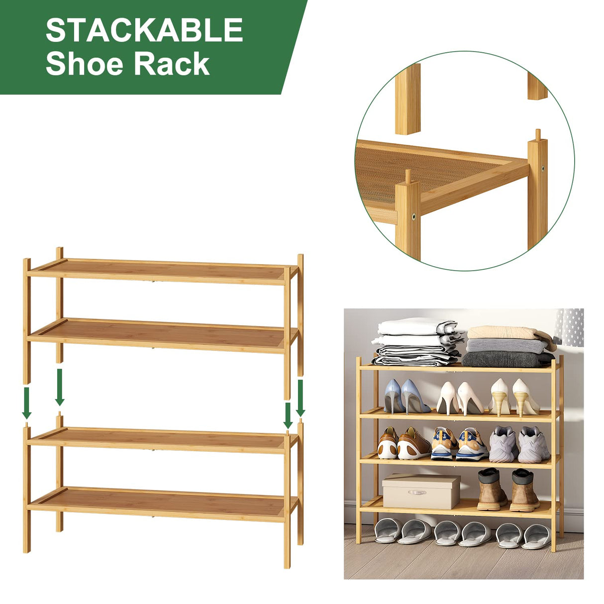 kiplant 4-Tier Shoe Rack for Entryway, Bamboo Wood Shoe Rack 4-Tier, Stackable Shoe Organizer for Closet, Free Standing Shoe Racks for Indoor & Outdoor kiplant