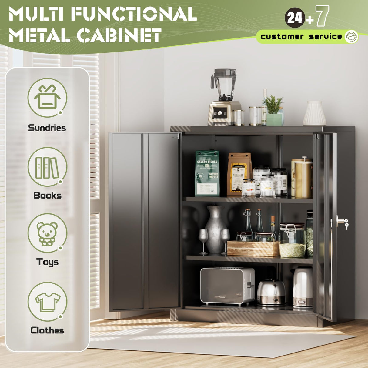 SUNCROWN Metal Storage Cabinets, 36”Locking Cabinet with Doors and Adjustable Shelves, Steel Utility Tool Garage Cabinets for Home, Office, Kitchen,Warehouse, Black SUNCROWN