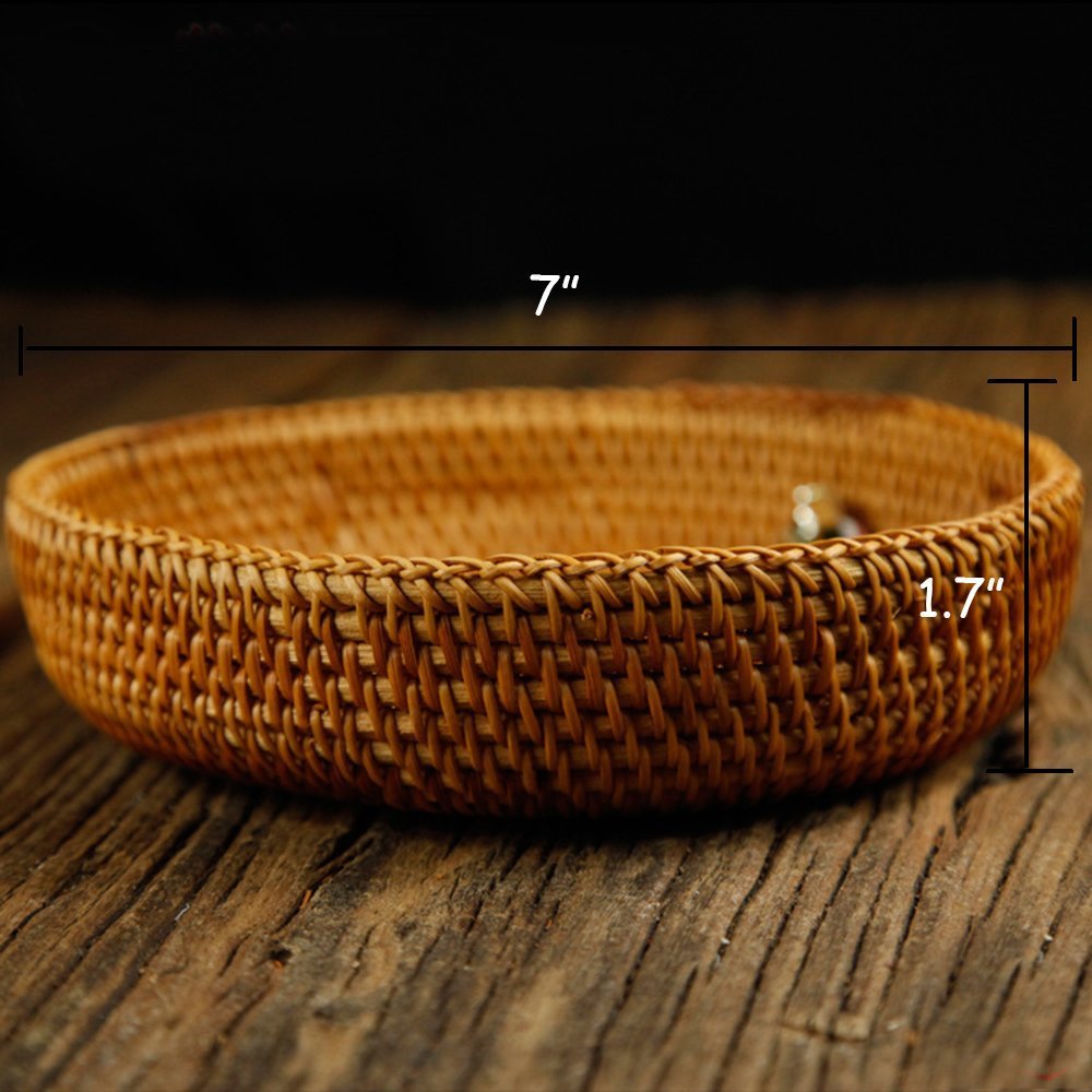 amololo Hadewoven Round Rattan Fruit Basket Wicker Food Tray Weaving Storage Holder Dinning Room Bowl, 7”Decorative Natural Basket Woven Fruit Basket Bowl for Entryway Table, Countertop (Small 7”) amololo