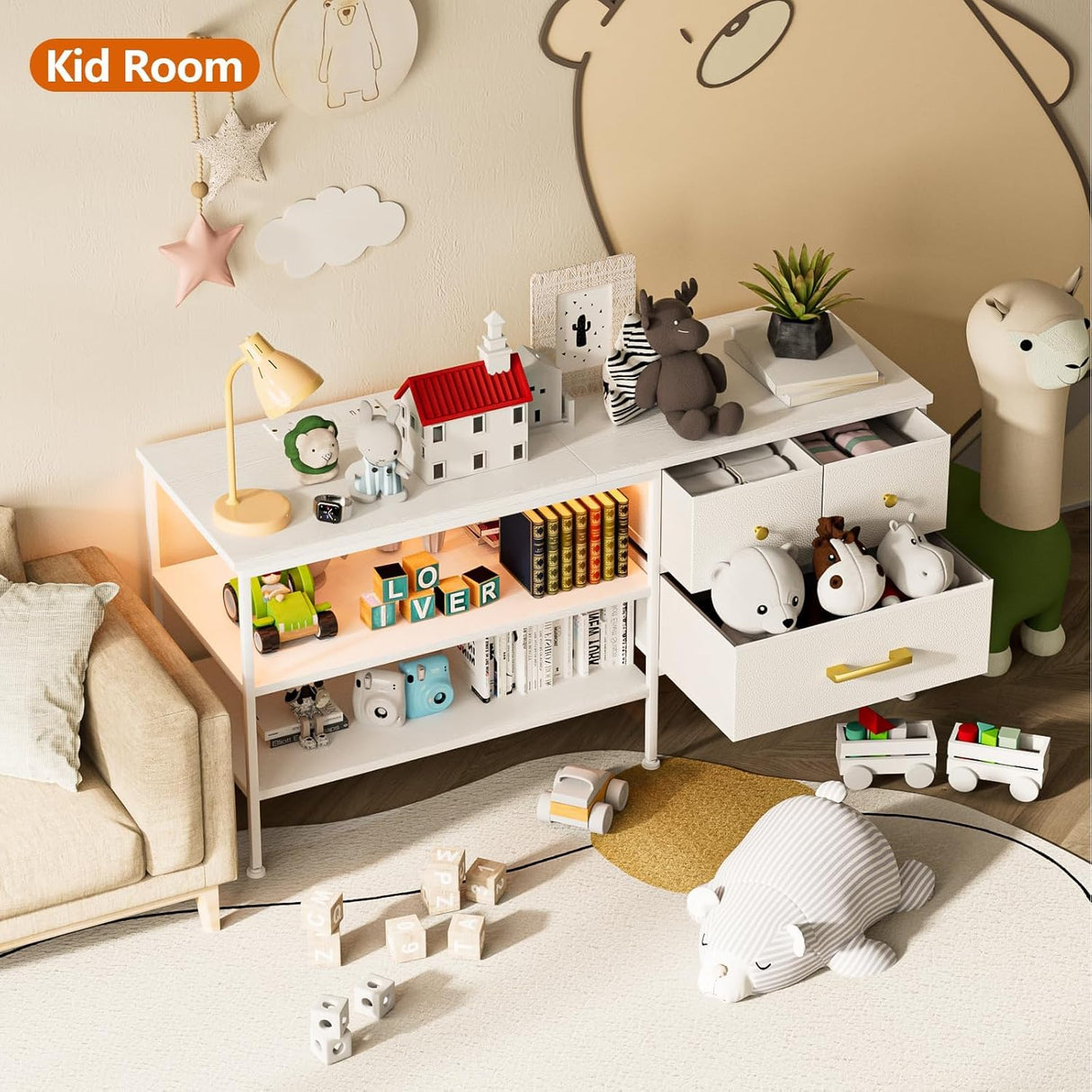 YILQQPER TV Stand with LED Lights & Power Outlet for 55 Inch TVs, Entertainment Center with 3 Storage Drawers and Shelves, Mid-Century TV Stands for Living Room and Bedroom, 50" TV Console, White YILQQPER