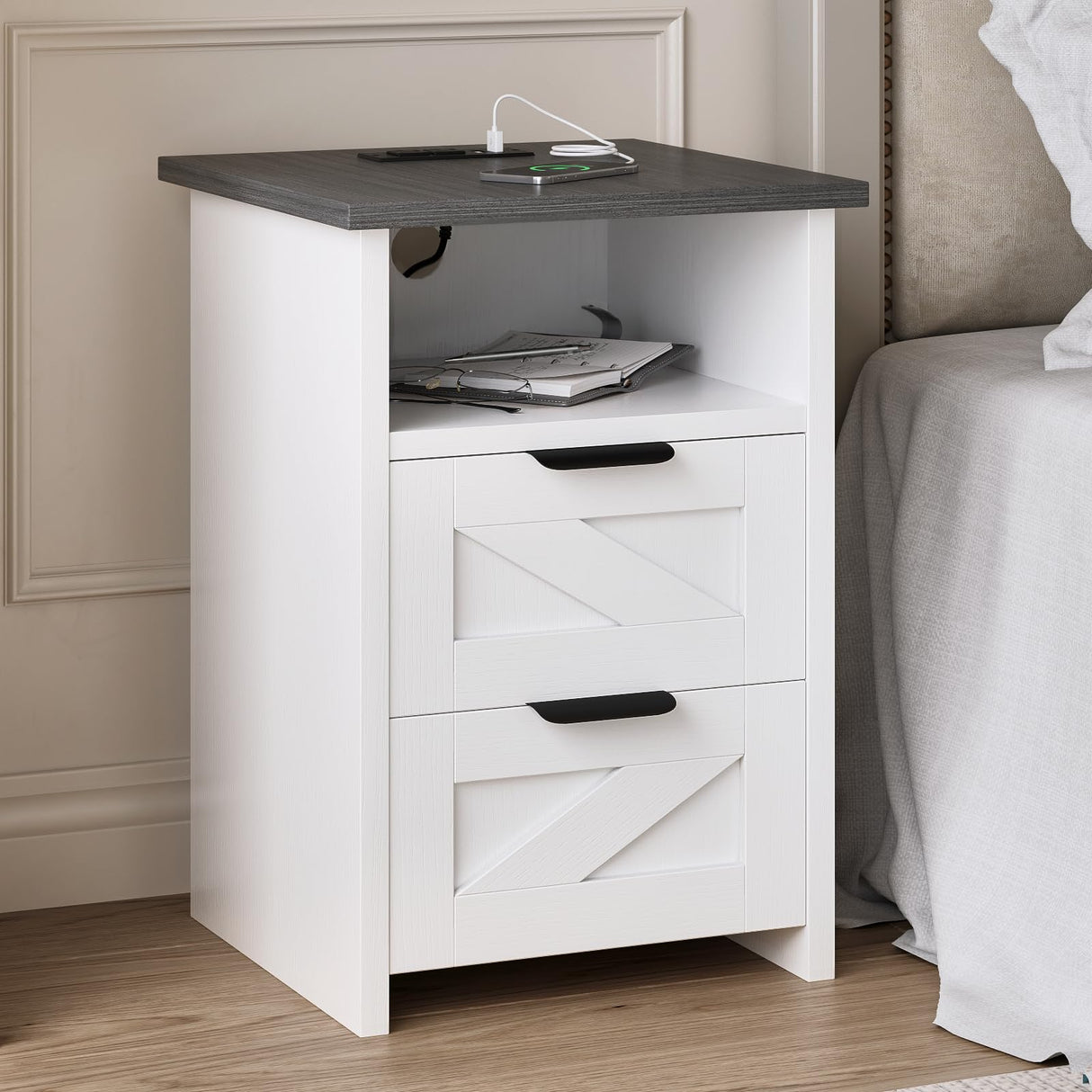 AURINEST Farmhouse Night Stand Set of 2 with Charger Station, Bed Side Table with 2 Drawers and Storage Shelf, Rustic End Table for Bedroom, Living Room, Small Spaces, White AURINEST