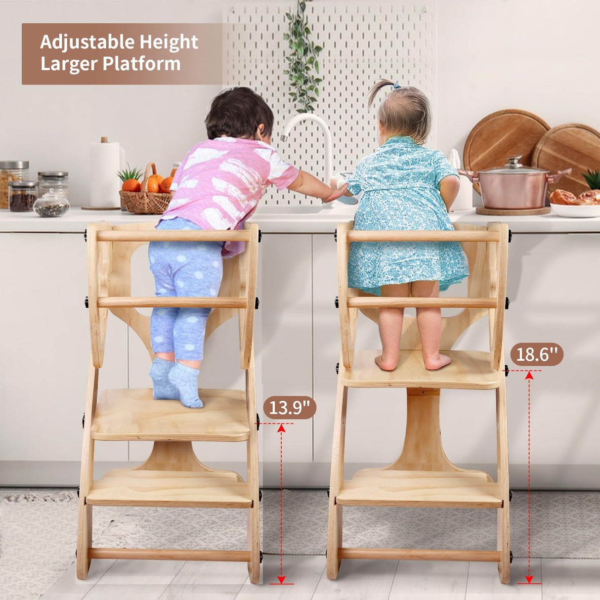 Toddler Standing Tower, 2 in 1 Toddler Kitchen Step Stool Helpers, Adjustable Height with Safety Rails Yacul