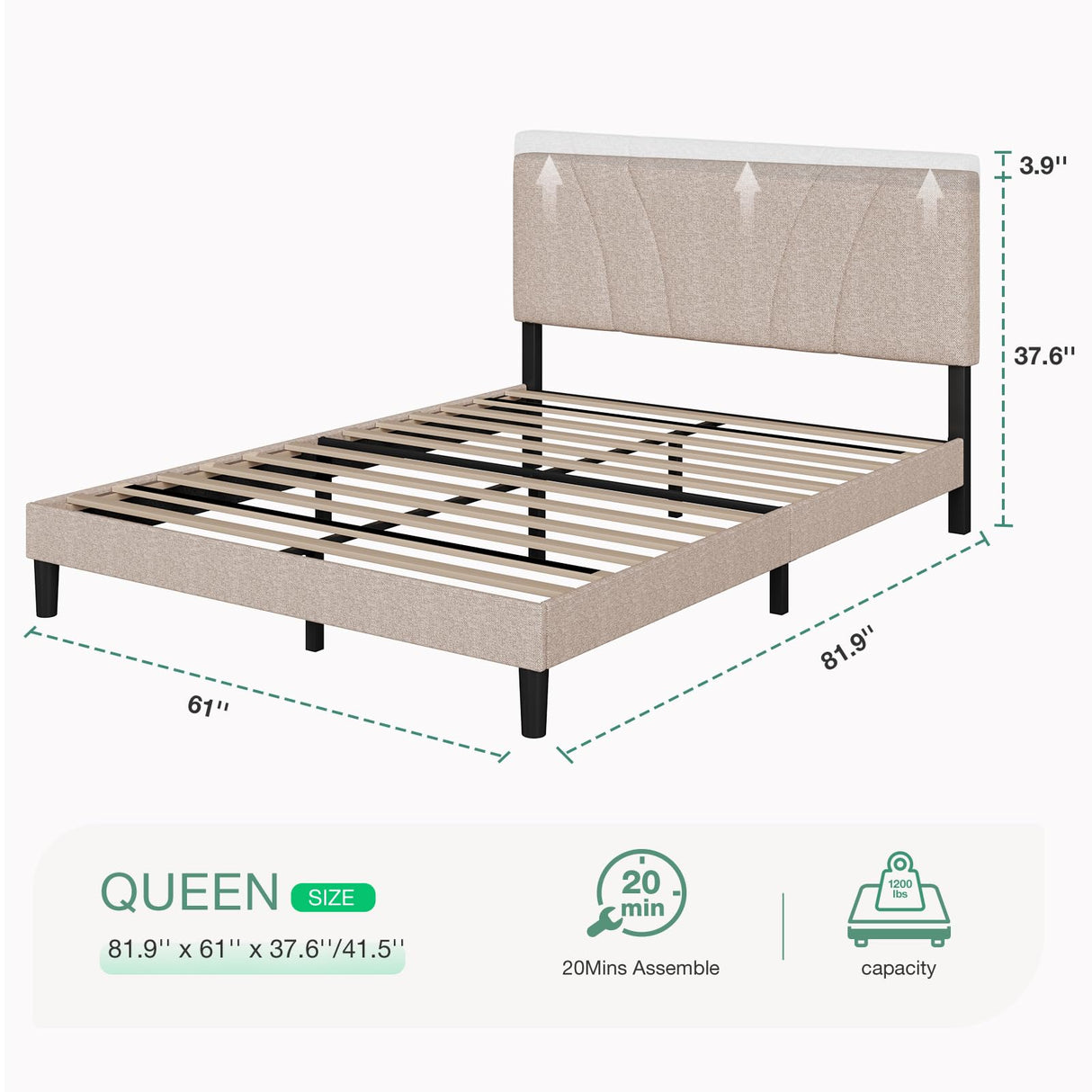 Novilla Adjustable Queen Bed Frame with Linen Upholstered Headboard and Wooden Slat Support Novilla