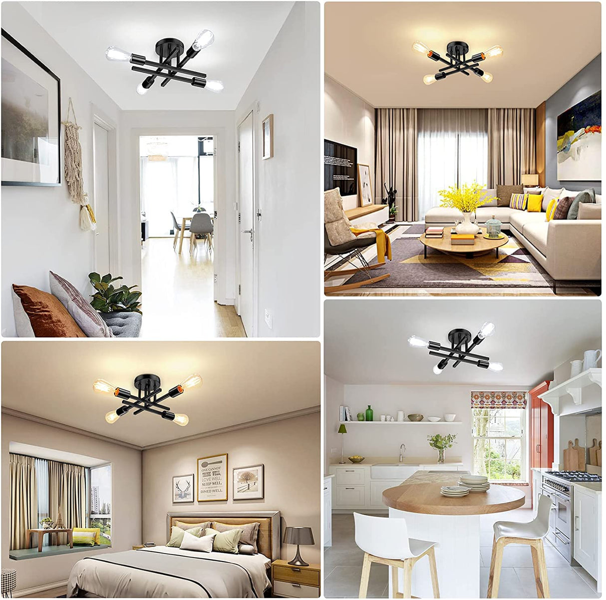 TOBUSA Semi Flush Mount Ceiling Light Fixture Matte Black, Modern Sputnik Close to Ceiling Light, Chandelier Light Fixture Ceiling for Bedroom Kitchen Living Room Dining Room, 4 Light E26 Socket TOBUSA