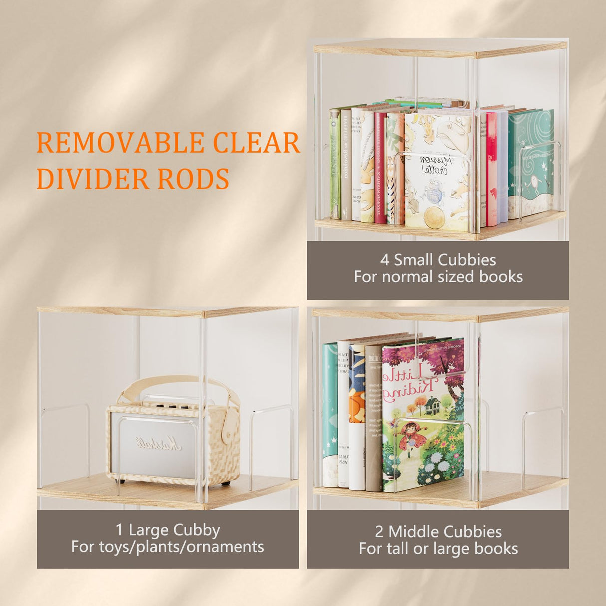 TAKEKIT 360° Rotating Bookshelf, 5-Tier Spinning Book Shelf Tower with Solid Wood & Clear Acrylic, Square Revolving Bookcase for Living Room, Bedroom and Office TAKEKIT