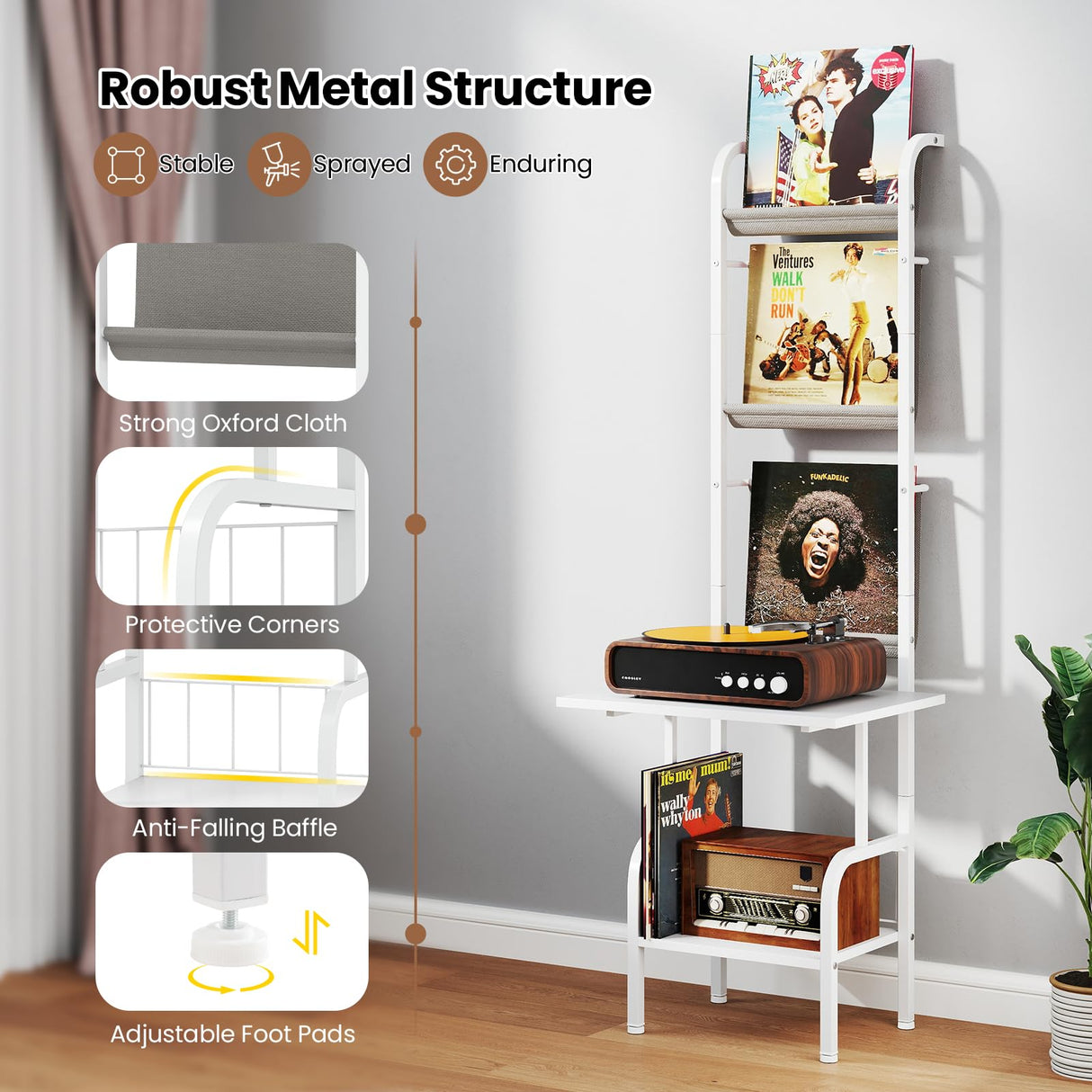Giantex Record Player Stand with Vinyl Storage, 5-Tier Tall Turntable Stand with Record Holder Vinyl Display Shelf, Holds up to 200 Albums, Vinyl Record Storage for Living Room, Bedroom (White) Giantex