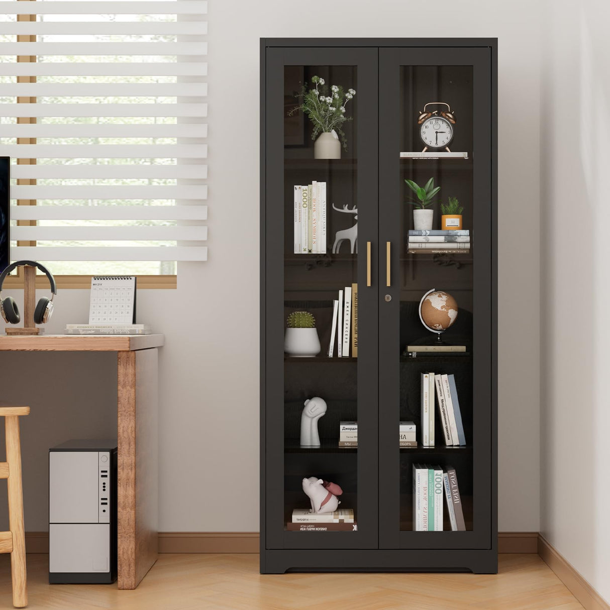 Display Cabinet with Glass Doors,Curio Cabinet with Lock,71" Metal Tall Display Case Cabinet with 4 Adjustable Shelves, Black Bookcase Locking Glass Display Cabinet for Living Room, Kitchen,Commercial SteeLoong