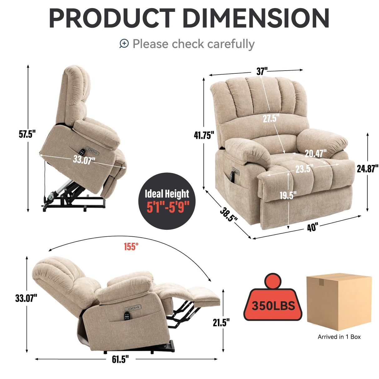Large Power Lift Recliner Chair with Massage and Heat for Elderly, Ergonomic Backrest, Infinite Adjust, 2 Side Pockets,USB and Type-C Ports, Chenille Beige Luxlen