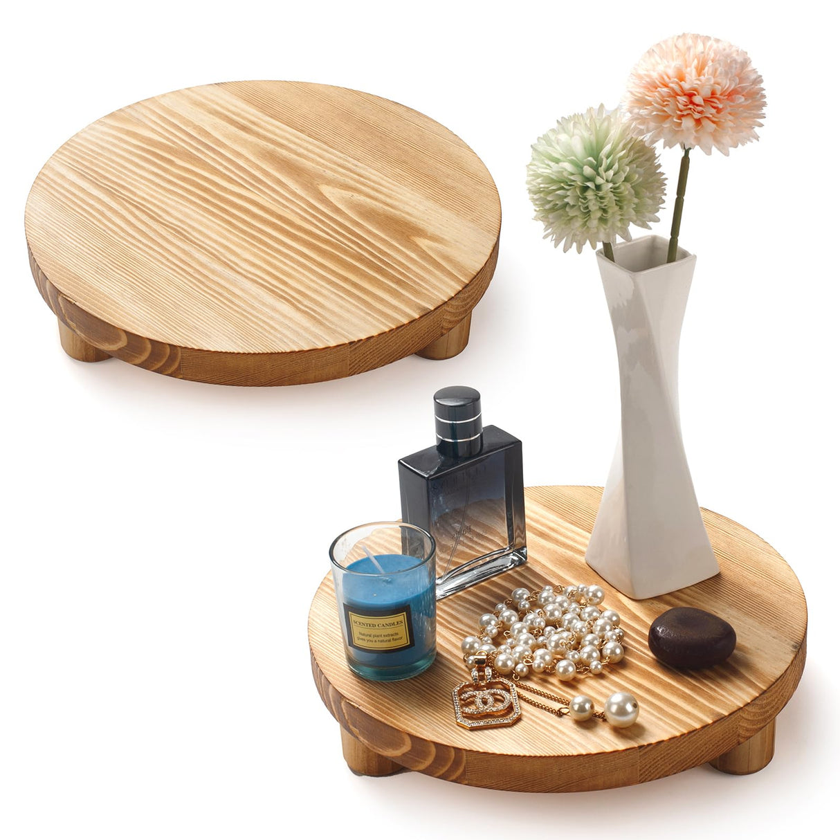 DEAMACE Wood Riser for Decor, 2 Pack Wood Pedestal Stand for Display, Round Wooden Tray for Kitchen Counter, Wooden Pedestal Stand for Plant Pot Indoor DEAMACE