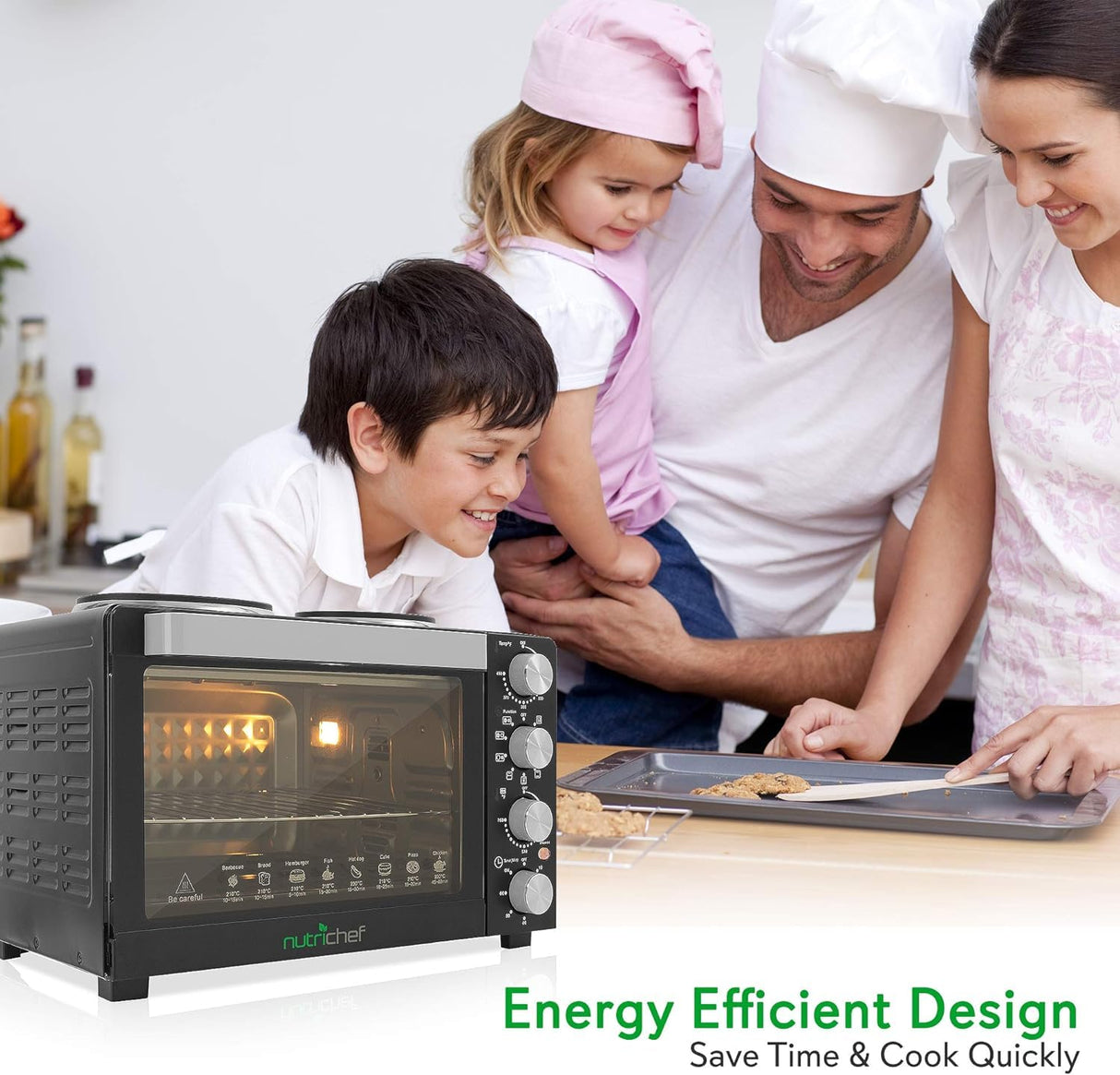 NutriChef 30 Quart Kitchen Convection Oven & 2 Burner Cooker - 1500 Watt Oven - 7 Cook Functions Rotisserie, Cook, Bake, Broil & More - Includes Baking Tray, Skewers & Handles - 19.6 x 16.0 x 13.5 IN NutriChef