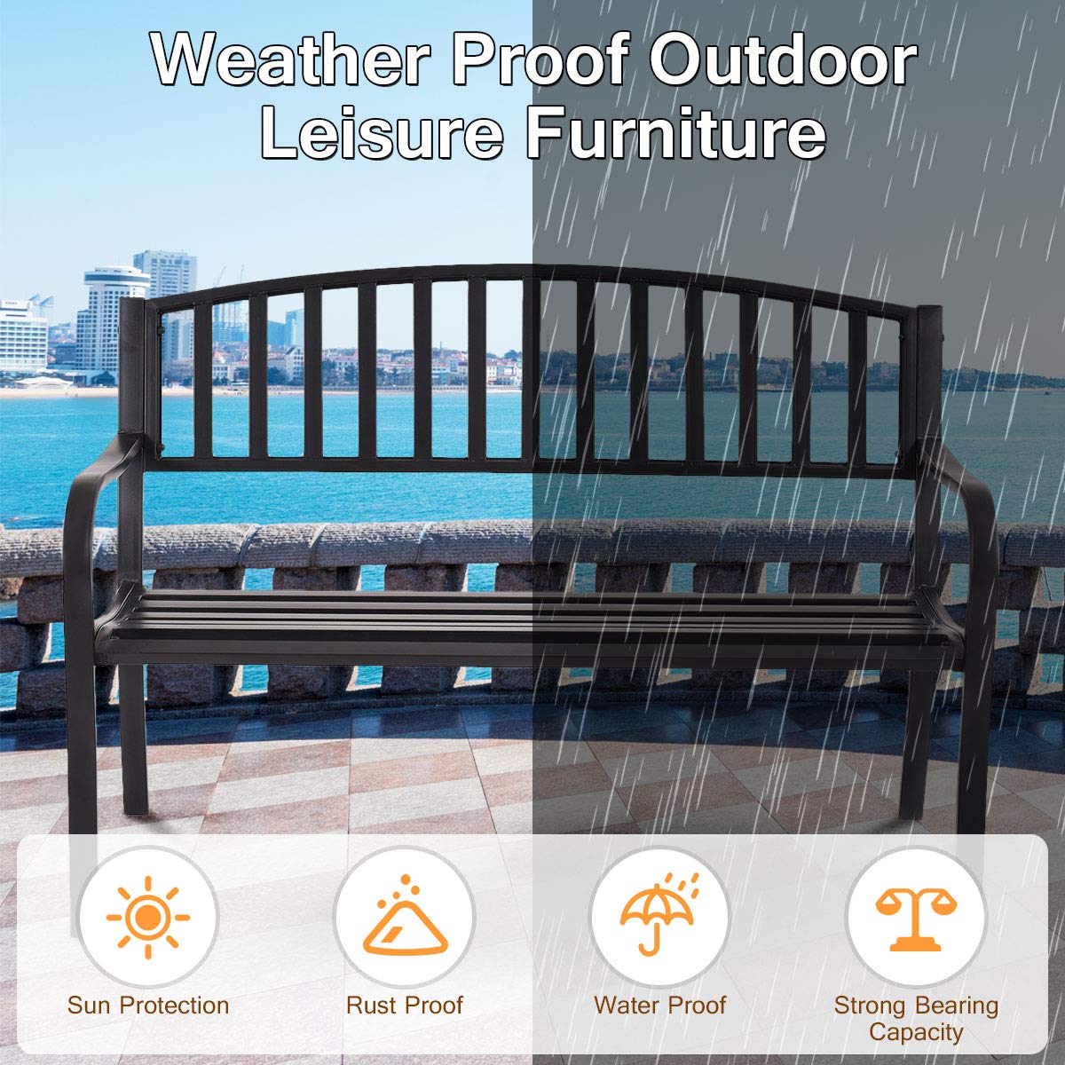 Giantex Outdoor Bench, 50” Patio Garden Bench with Steel Frame, Slat Design, 500 Lbs Weight Capacity, Patio Seating Bench for Porch, Backyard, Poolside, Outside Decor Furniture, Park Loveseat, Black Giantex