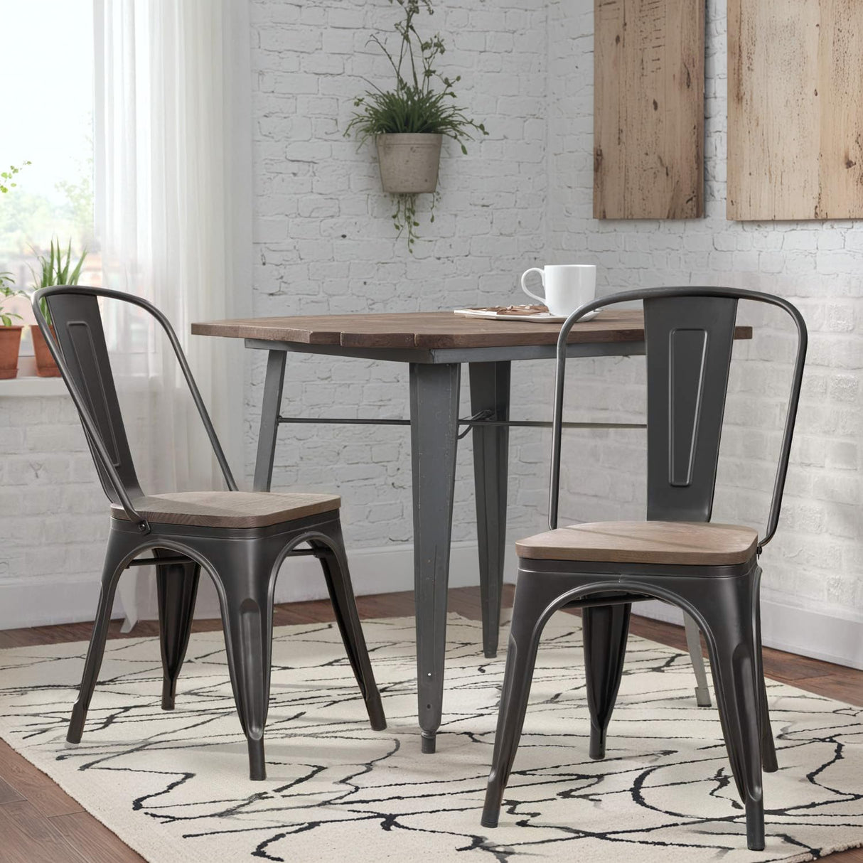 JUMMICO Metal Dining Chair Stackable Industrial Vintage Kitchen Chairs Indoor-Outdoor Bistro Cafe Side Chairs with Back and Wooden Seat Set of 4 (Black) JUMMICO