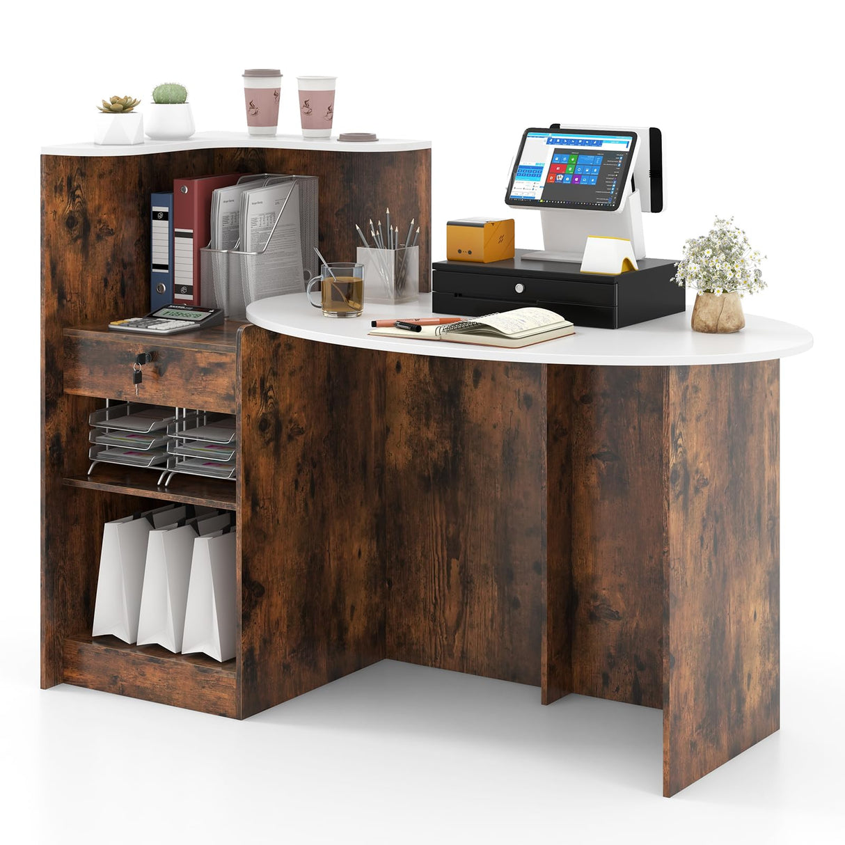 GOFLAME Reception Desk with Lockable Drawer & Adjustable Shelf, Front Counter with Oval Tabletop, Retail Register Stand, Office Computer Desk for Hotel, White + Rustic Brown GOFLAME