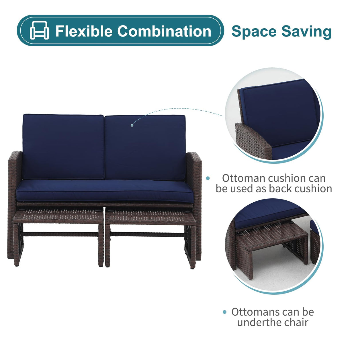 OC Orange-Casual Outdoor Loveseat 3 Piece Patio Furniture Set Outdoor Conversation Set All-Weather Wicker Love Seat with Ottoman/Side Table, Brown Rattan, Blue OC Orange-Casual