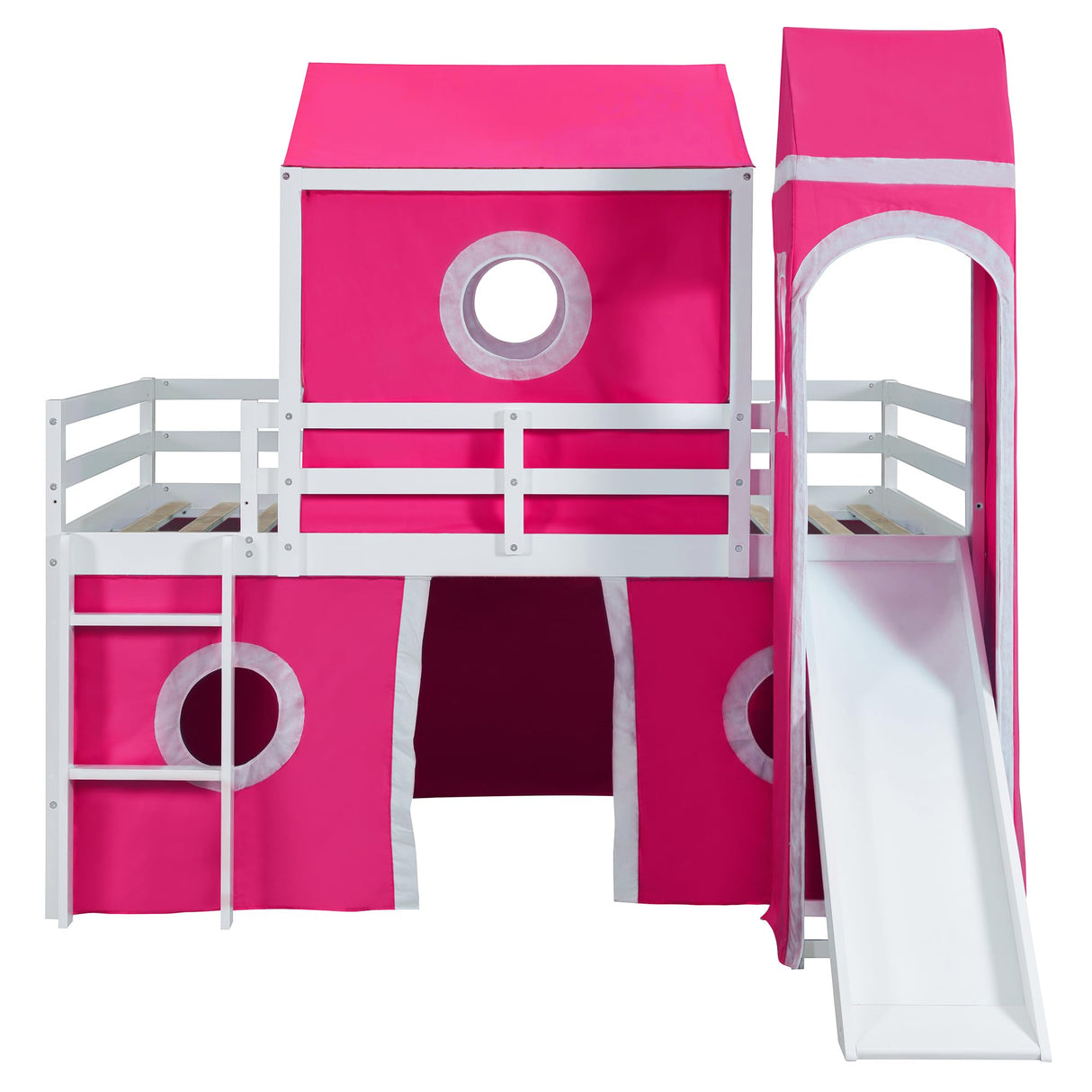 Ball & Cast Full Size Loft Bed with Slide and Tower,Loftkbed w/Ladder & Full-Length Guardrails,Slat Support,No Box Spring Needed,Space Saving,Slat Support,Bedframe for Child's Bedroom,Pink Ball & Cast