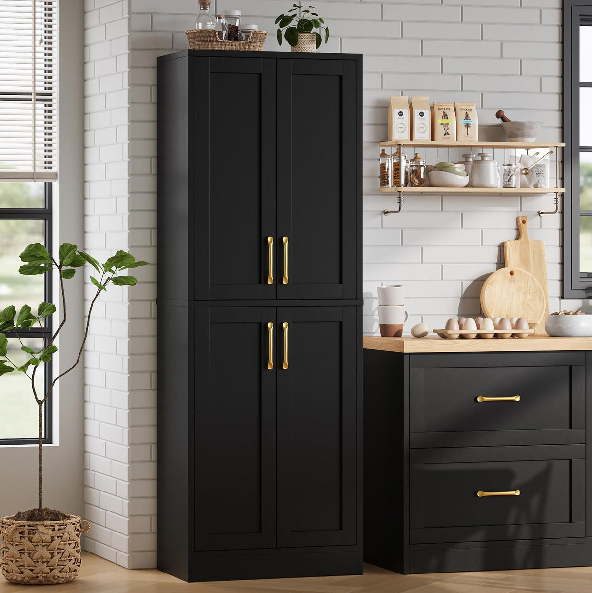 Homzbesy Pantry - Kitchen Pantry Cabinet with 4 Doors and Adjustable Shelves, Tall Black Cabinet Freestanding Storage Cupboard for Dining Room Living Room, Laundry, Bathroom Homzbesy