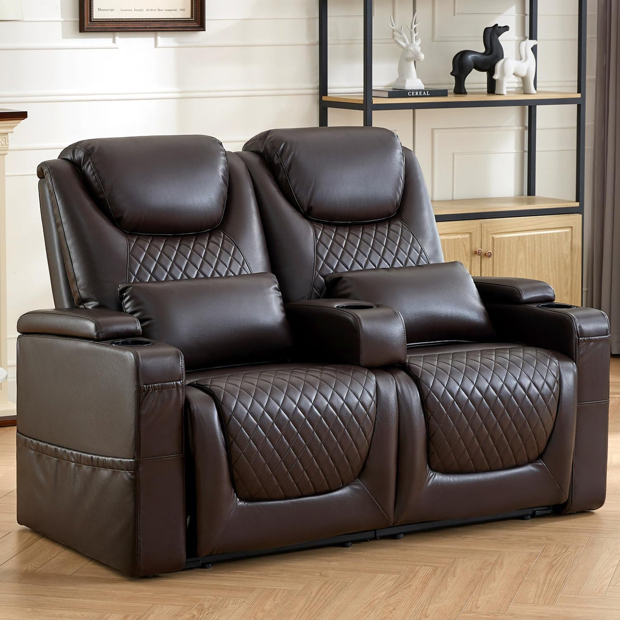 Attliahome 61" RV Loveseat Recliner, Double Recliner Furniture with 3 Arms and 2 Pillows, Wall Hugger Recliners & 135° Reclining Theater Seating (Brown PU Leather RV Couch) Attliahome