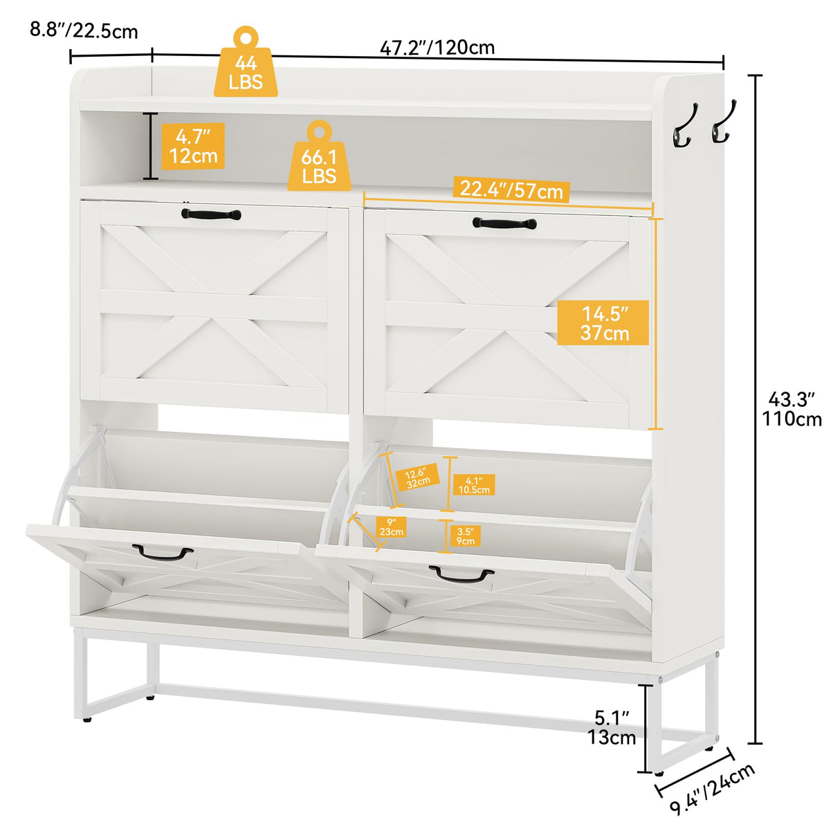 DWVO White Farmhouse Storage Shoe Cabinet with 4 Flip Drawers for 24 Pairs,Shoe Organizer with Metal Legs for Entryway, Living Room, Hallway DWVO