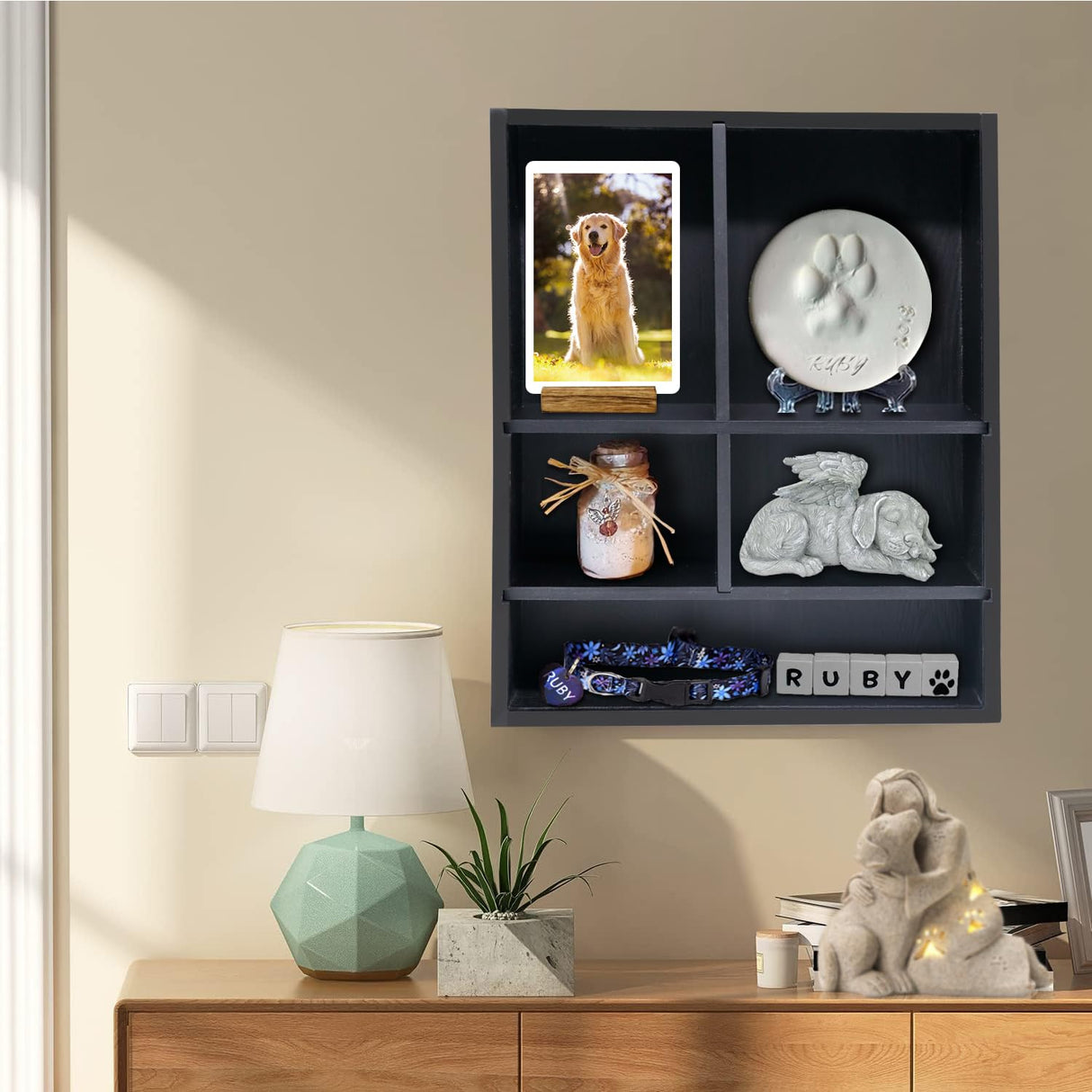 Sofunii Pet Memorial Shadow Box with Shelves for Dogs or Cats,11 * 14" Solid Wood Pet Frame Urn Ashes Display Case for as Loss Pet Remembrance Memory Keepsake - Black Sofunii
