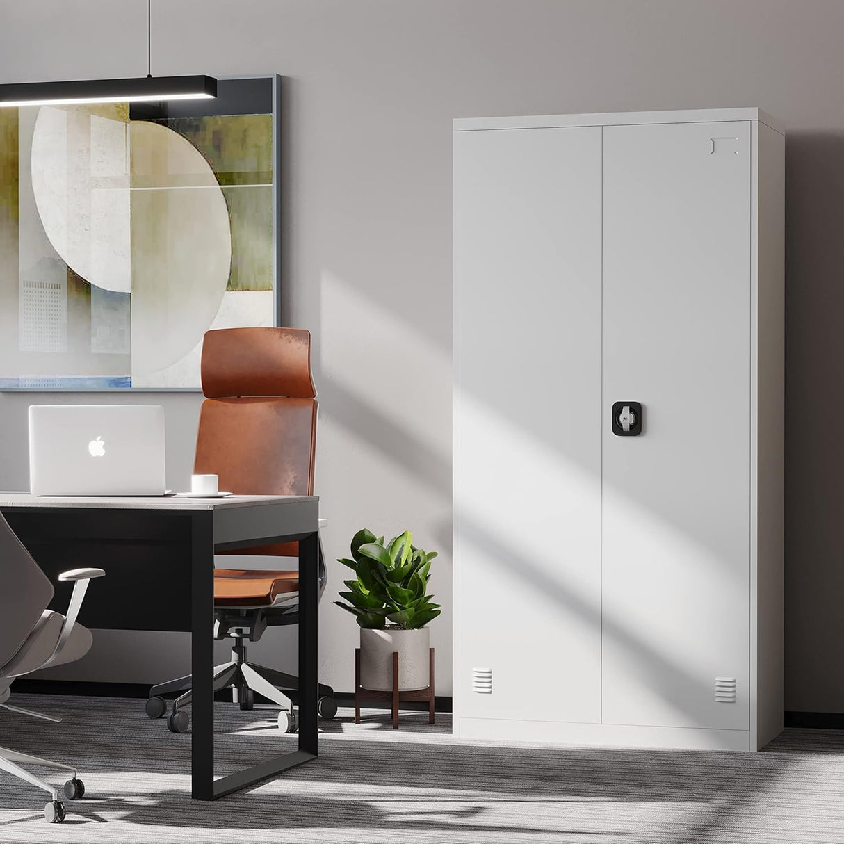 Metal Garage Storage Cabinet, 72" Tall Steel File Cabinet with 2 Lockable Doors and Adjustable Shelves, Utility Heavy Duty Tool Cabinet for Warehouse, Garages, Offices, Kitchens, Gyms, Milky White EazeHome