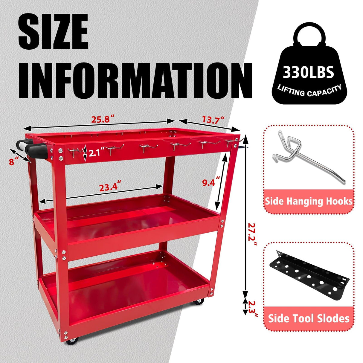 YATOINTO 3-Tier Rolling Tool Cart, Metal Rolling Cart with Side Hooks Wheels, 330LBS Heavy Duty Utility Carts, Handle Rolling Mechanic Tool Cart YATOINTO