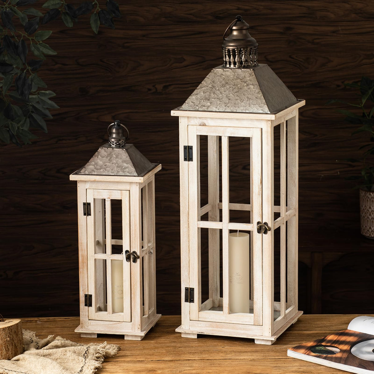 TIMRIS Large Rustic Wooden Decorative Lantern Set of 2, Modern Farmhouse Distressed Whitewash Floor Candle Lanterns, Indoor/Outdoor Hanging Lanterns for Home Decor (No Glass) TIMRIS