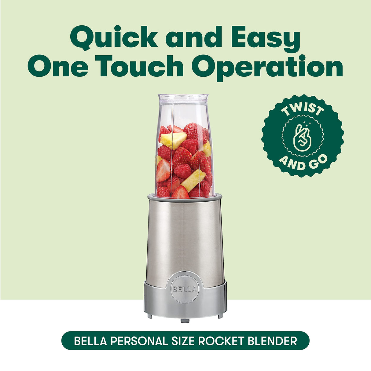 BELLA Personal Size Rocket Blender for Smoothies and Protein Shakes, Portable Juice Maker and Mini Food Processor and Grinder, 12 Piece, BPA Free Accessories, 240 W, Stainless Steel BELLA