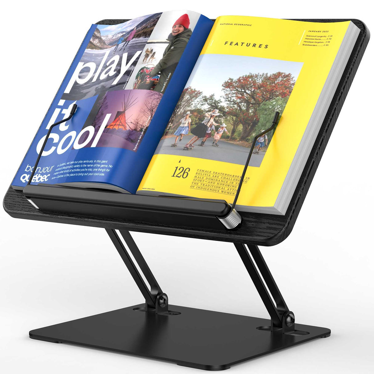 BESIGN BS01 Book Stand for Reading, Adjustable Book Holder, Ergonomic Laptop Stand with Elastic Page Clips for Music Scores, Recipe, Tablet, Laptop (Black) BESIGN