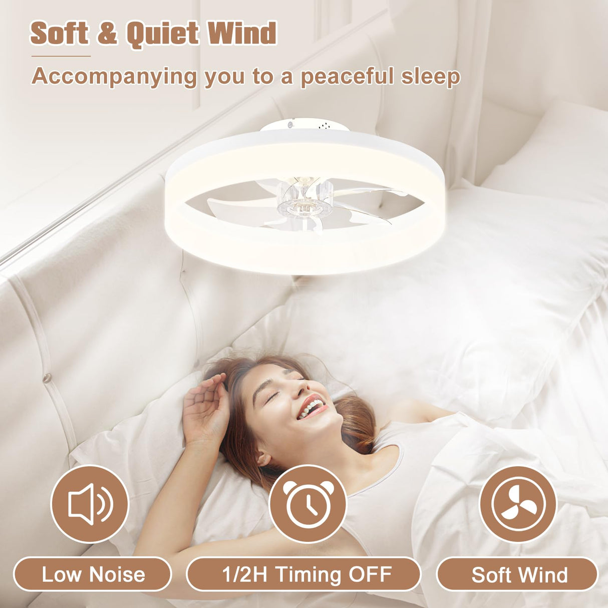 VOLISUN Low Profile Ceiling Fans with Lights and Remote,15.7in Modern Ceiling Fan Flush Mount, 3000K-6500K Dimmable Bladeless LED Fan Light,White Fandelier Ceiling Fans with Lights for Bedroom VOLISUN