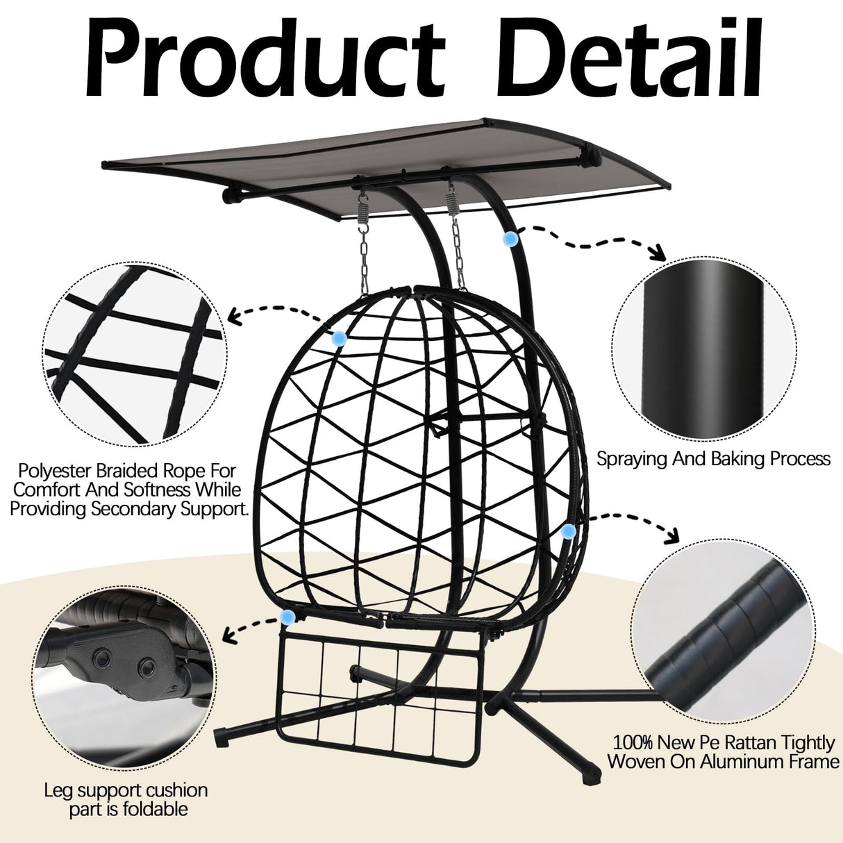 Double Egg Chair Outdoor with Stand & Adjustable Canopy, Extra Large 2 Person Patio Egg Chair with Leg Rests, Hanging Swing Chair with Thickened Cushion, Swinging Love Seat for Outdoor Patio (HQH) VIXLON