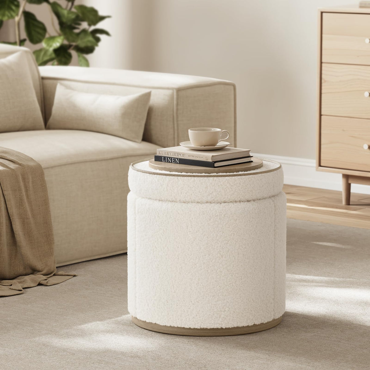 ONBRILL Round Ottoman with Storage, Ottoman Foot Rest, Boucle Small Ottoman, Foot Stool, Vanity Stool, Upholstered Sherpa Ottoman Support 250 lbs for Living Room, Bedroom, White ONBRILL