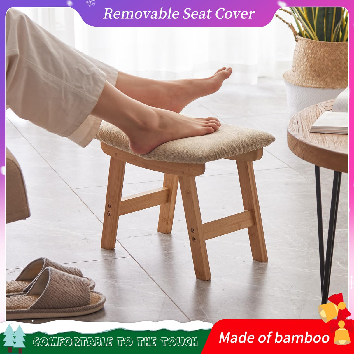 Foot Stool,Ottoman,Bamboo Small Sofa Foot Rest Under Desk,Extra Seating for Living Room, Bedroom and Kitchen (Natural Stool Legs - Beige Surface) Kitsanery
