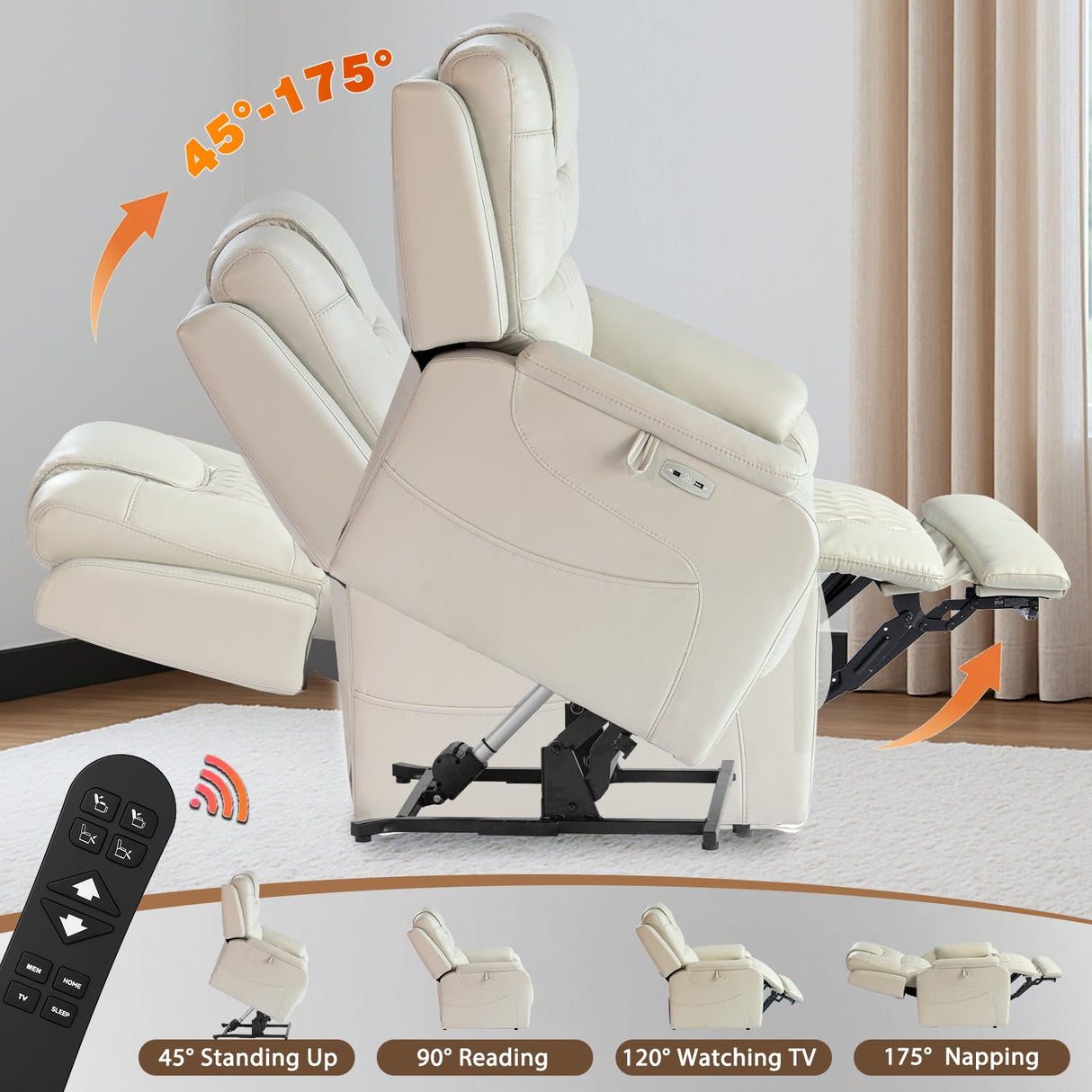 EONIX Triple Motor Lay Flat Power Lift Recliner Chair for Elderly with Massage, 400lbs Electirc Lift Chair for Living Room, Independent Adjustable Backrest Headrest, Extended Footrest, Cream White EONIX