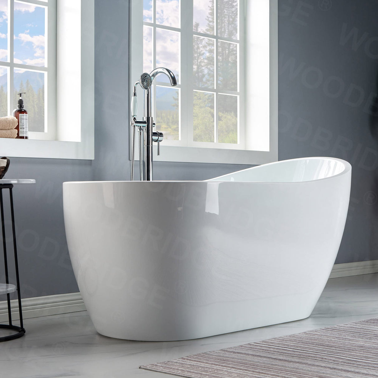 WOODBRIDGE 59" Acrylic Freestanding Bathtub Contemporary Soaking Tub with Matte Black Drain and Overflow WOODBRIDGE