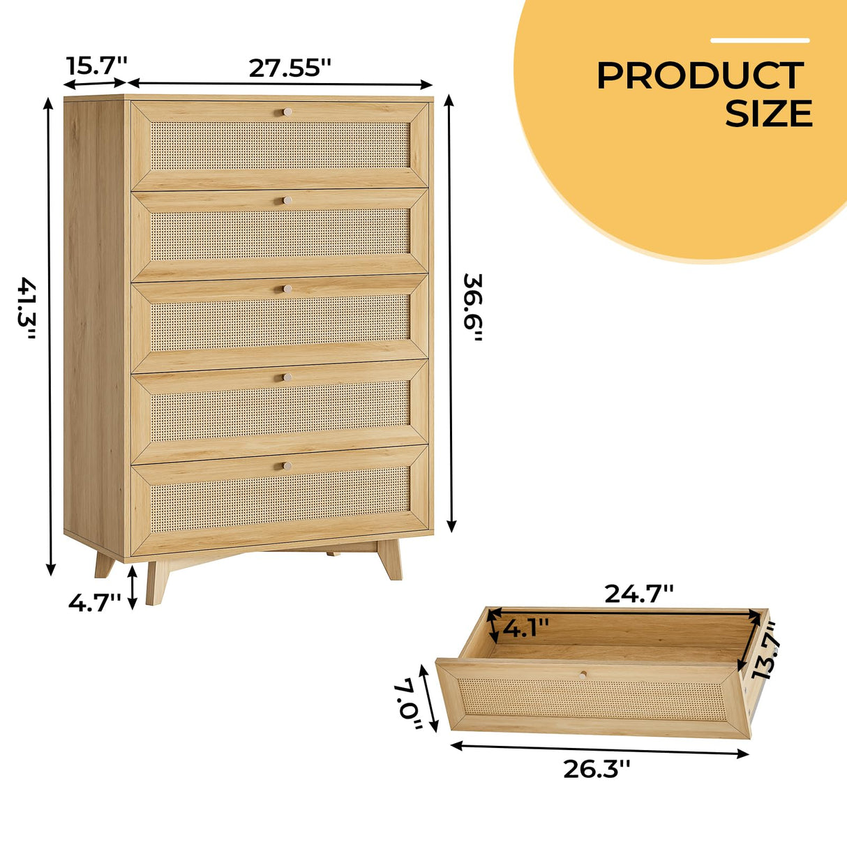 AOGLLATI Rattan Dresser for Bedroom with 5 Drawer, Modern Double Wooden Tall Bedroom Dresser, Chest of Drawers with Metal Handle & Solid Wood Legs for Bedroom/Living Room, AOGLLATI