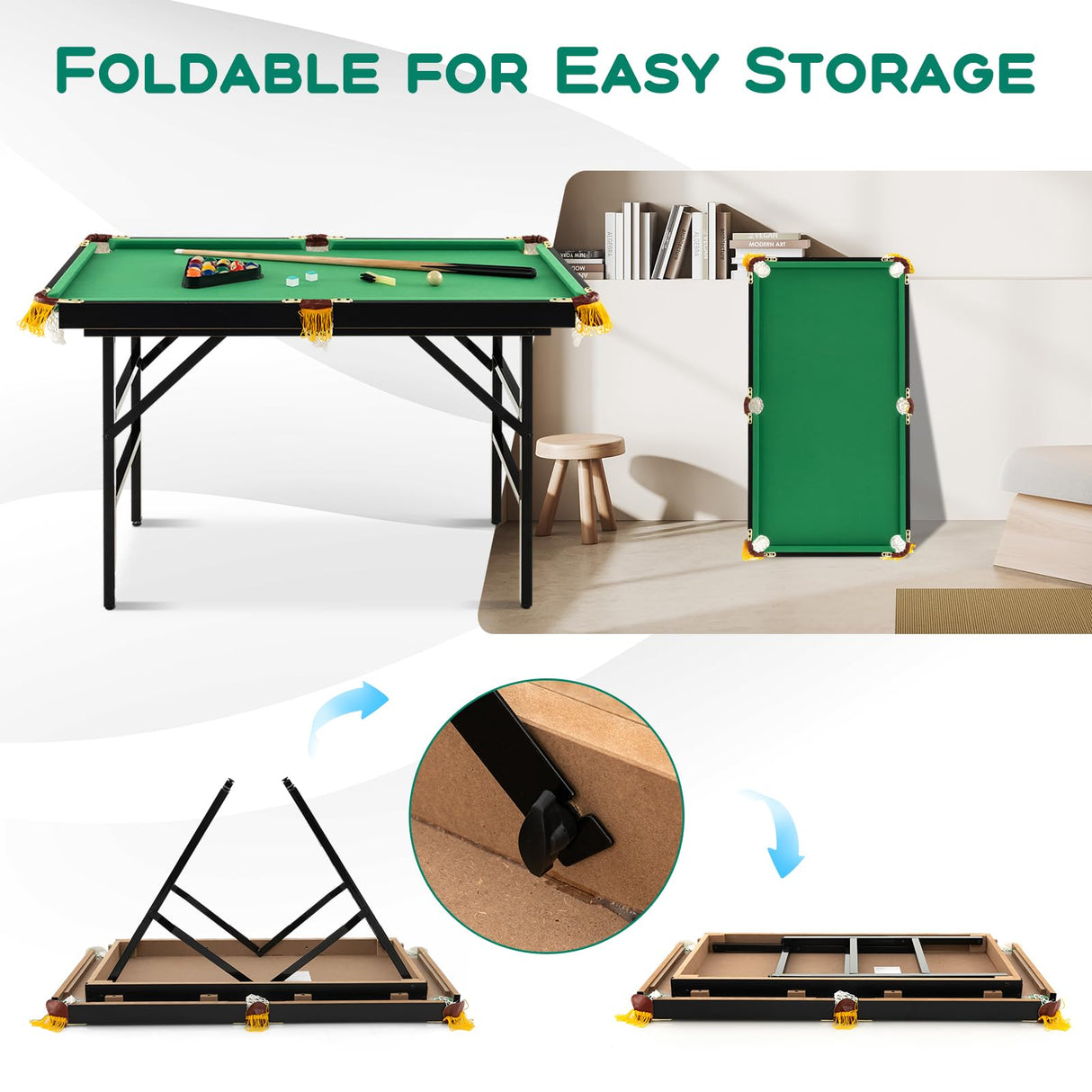 Costzon 47" Folding Billiard Table, Pool Game Table Includes Balls, Cues, Triangle, Chalk, Brush for Kids, Multipurpose Game Table for Parties & Family Gatherings (Black & Green) Costzon
