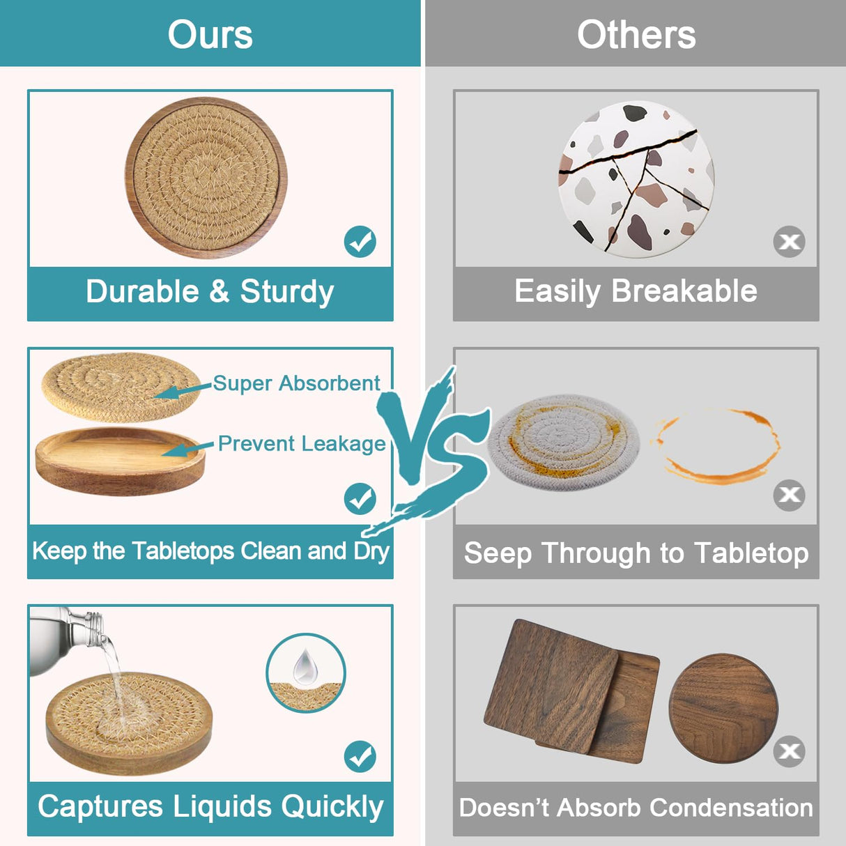 Eykao Wood Coasters for Drinks, Absorbent Coaster Sets of 8, Woven Drink Coasters for Coffee Table, Housewarming Gift for Farmhouse Home Decor,4.3 inches Brown Eykao