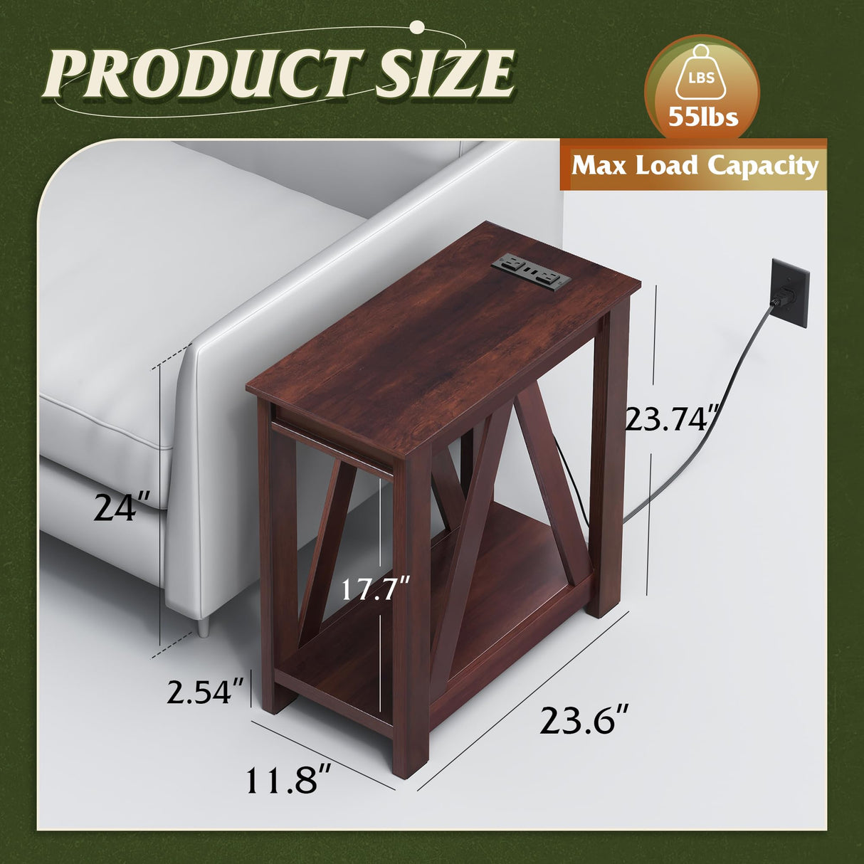 WLIVE Narrow End Table with Charging Station of Open Storage Shelf,Sofa Side Table with 2 USB Ports and 2 Power Outlets,Slim Farmhouse End Table for Small Spaces,Bedroom, Living Room, Espresso WLIVE