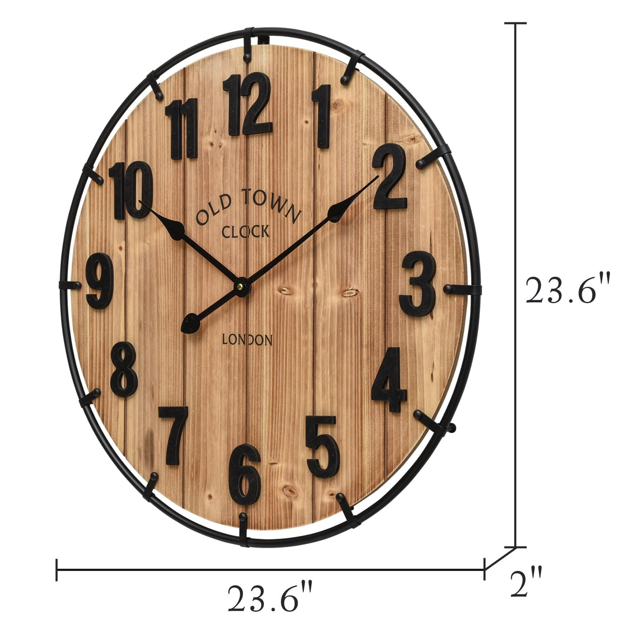 24 Inch Farmhouse Wall Clock Large Old Town Vintage Rustic Wooden Clock with Metal Rim and Large Numerals, Silent Battery-Operated for Office, Kitchen, Bedroom, and Living Room MICWIC