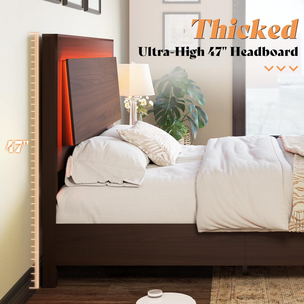 AMERLIFE Rustic Wood Full Bed Frame with LED Headboard and Supportive Slats, Red Brown AMERLIFE