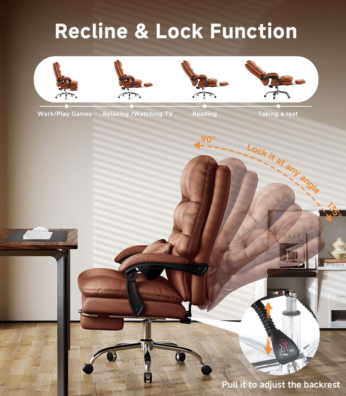 Ylzyxal Office Chair, Big and Tall Office Desk Chair, Ergonomic Office Chair, 400LBS PU Leather Computer Chairs, Executive Office Chair with Foot Rest and Lumbar Pillow (Bright Brown) Ylzyxal