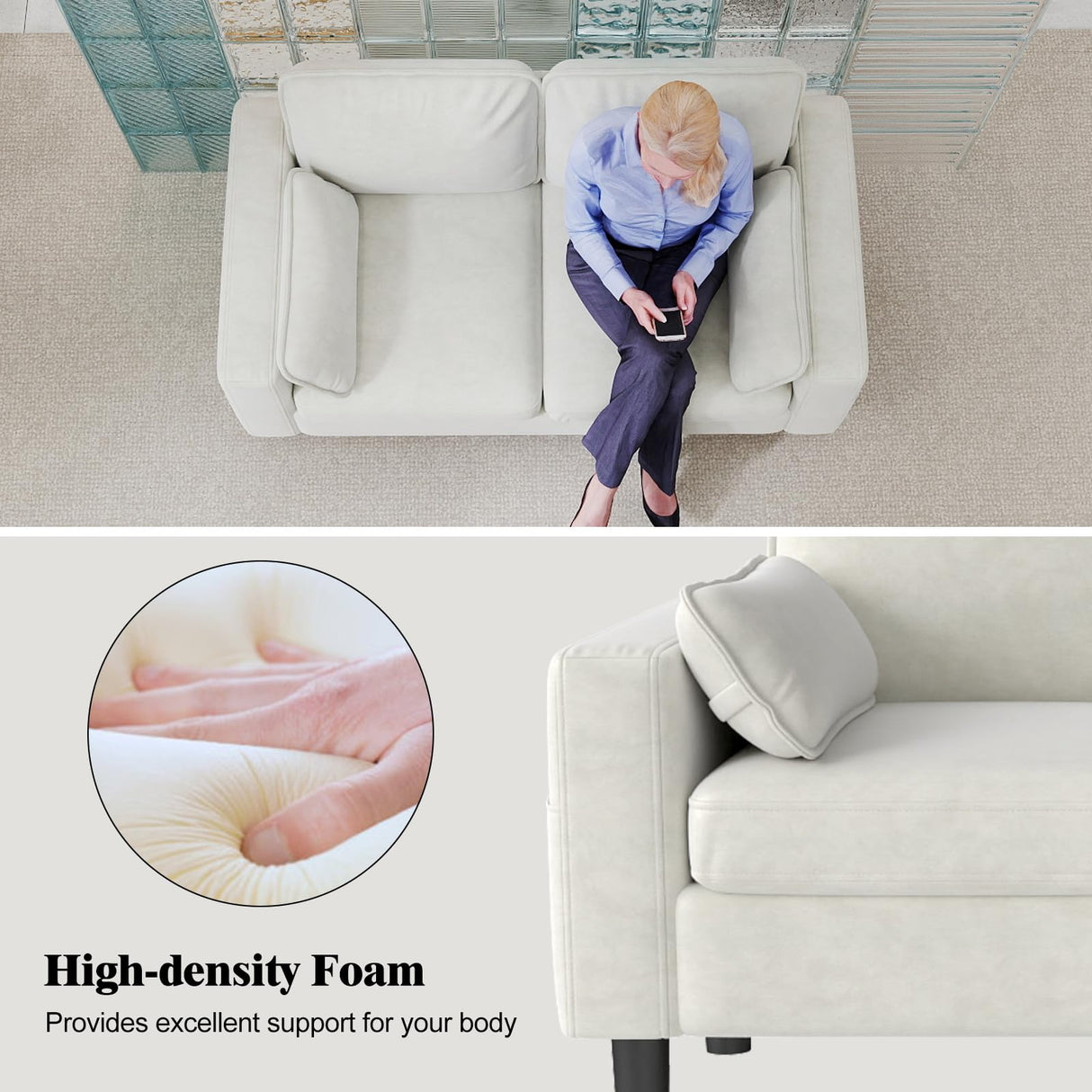 kinbor Small Couches for Small Spaces - Creamy White Modern Loveseat Sofa with Magazine Pockets & Detachable Cover, Durable Foam Couch for Living Room, Office, Salon kinbor