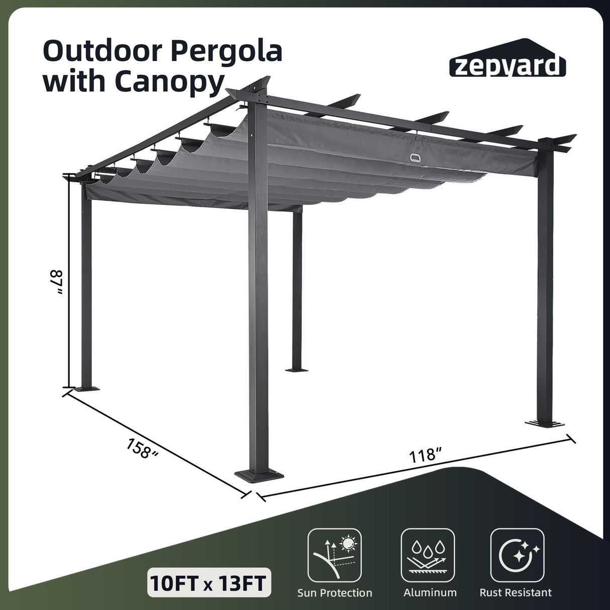 ZEPYARD 10X13 FT Outdoor Pergola, Aluminum Pergola with Sun Shade Retractable Canopy, Patio Retractable Pergola for Deck, Backyard, Grill (Grey) ZEPYARD