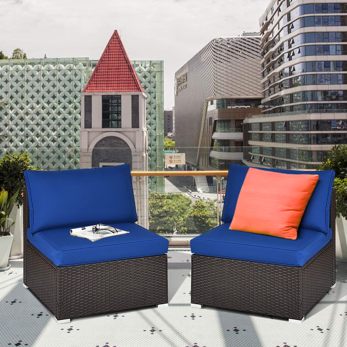 Tangkula 2 PCS Outdoor Wicker Armless Sofa, Patio Rattan Sectional Sofa Set w/2 Thick Seat Cushions and 2 Back Cushions, Additional Seats for Balcony Garden Patio Poolside (Navy Blue) Tangkula