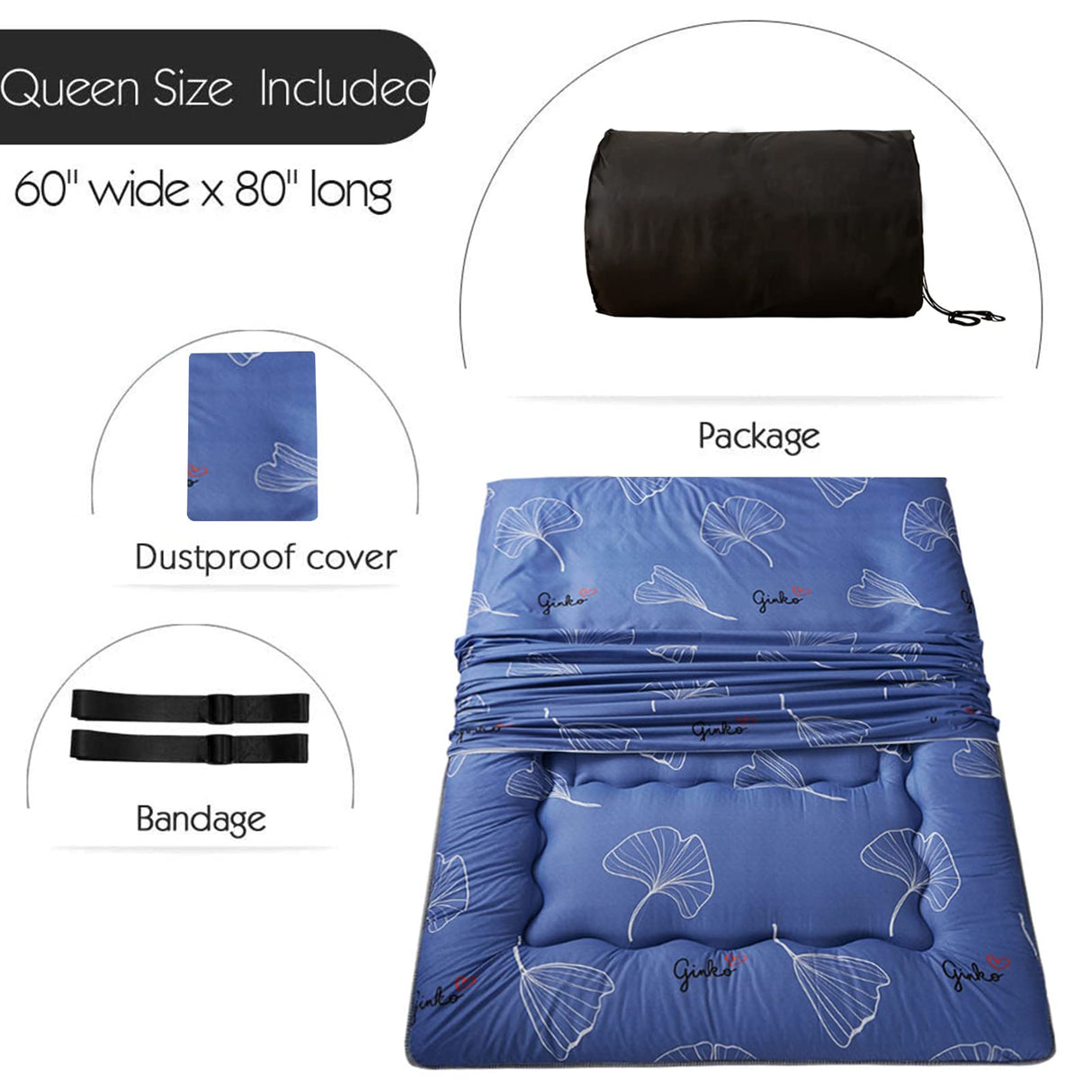 MAXYOYO Leaf Printed Japanese Floor Futon Mattress, Tatami Floor Mat Portable Camping Mattress Kids Sleeping Pad Foldable Roll Up Floor Lounger Couch Bed Queen Size MAXYOYO